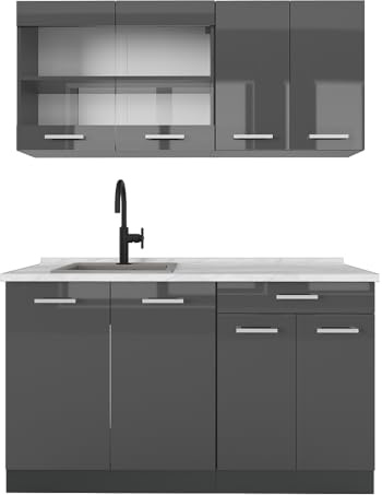 Vicco Singleküche R-Line, Anthrazit Hochglanz, 140 cm, AP Marmor, zur flexiblen Erweiterung mit weiteren Modulen geeignet