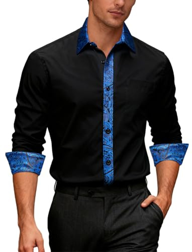 Ailisus Men's Black Blue Shirts Long Sleeve Outer Contrast Casual Regular Fit Button Down Dress Shirts Designer Tops for Party Business Wedding