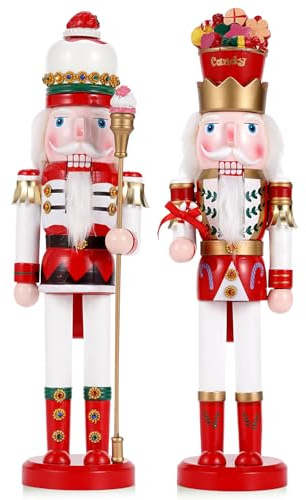 Tpudn 2PCS 38cm Giant Nutcracker Doll Holding Candy Cane & Ice Cream Cone – Collectible Wooden Nutcracker Creative Figures Christmas Decoration for Home, Party, or Festive Gift