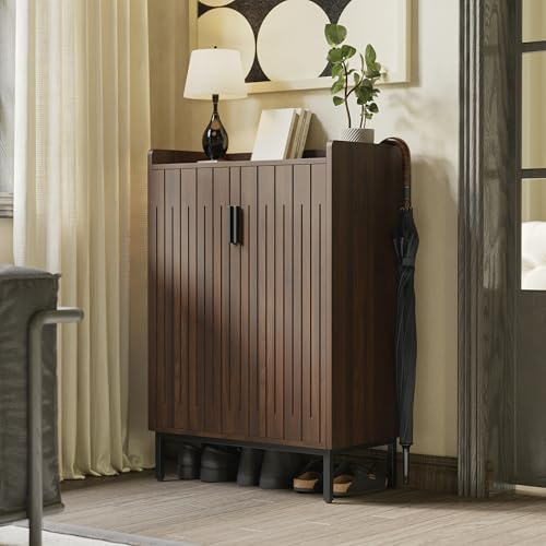 Mericonia Modern Shoe Cabinet with Metal Legs, Farmhouse Large 5-Tier Shoe Storage Cabinet with Doors, Wooden Shoe Organizer for Entryway, Hallway, Bedroom, Living Room (Modern Shoe Cabinet, Walnut)