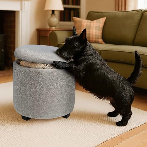 Froppi Premium Teddy Footstool | Pre-Assembled Boucle Storage Ottoman | Foot Stool Living Room | Pouffe with Storage on Feet | 45cm Round | Grey