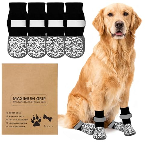 QKURT 2 Paia Calzini Antiscivolo per Cani, Protezioni per Zampe di Cane con Cinghie Regolabili, Protezione dalle Leccate alle Zampe, Calzini per Cani per Camminare sui Pavimenti in Legno,L