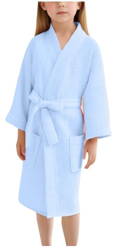 Zeiayuas Girls Waffle Knit Dressing Gown with Pockets and Tie Waist Cosy Robe Bath Robes Poncho Children Plush Super Soft Robes for Swimming Beach Surfing Home 6-13 Years Blue