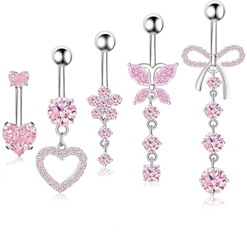 ZHITENG 5 st hydraulisk piercing kirurgiskt stål, slingrande piercing hänge, klockknappsring längd stång 10 mm, Lnclude fjärilsformer, blomma och hjärta