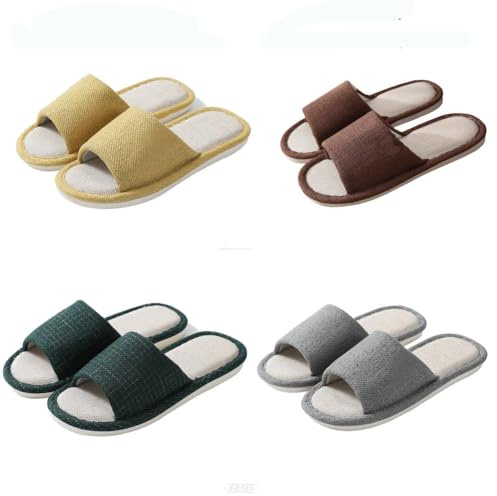 Teceyfeet Pantofole unisex per ospiti, 4 paia di pantofole per ospiti in lino, lavabili e di alta qualità, antiscivolo, marrone grigio 29 cm e giallo verde 27 cm, 39/44 EU