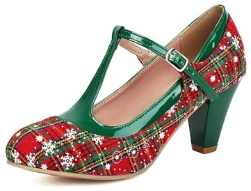 Generisch Women's Pumps with Tartan Pattern Christmas Design Mary Jane Heel Shoes Green/Red Checked with Snowflakes Vintage Style with T-Strap Clasp Pumps Christmas Party Pumps, Red (red 1), 8 UK
