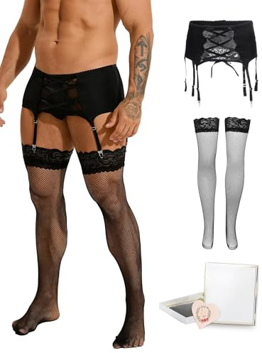 ohmydear Mens Lingerie Underwear Sexy Suspenders Belt for Stockings with 6 Strong Clips Lace Sissy Clothing for Men Gay Stretch Black Men's Underpants