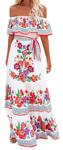 Générique Robe Longue d'été à épaules dénudées pour Femme - Style bohème Mexicain - Fleurs A