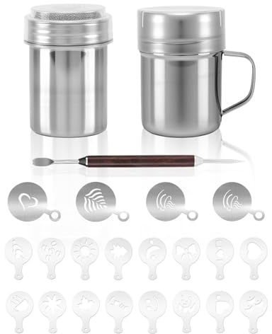 2 Pack Chocolate Shaker Dusters Mesh Powder Shaker Shaker 16 Coffee templates Set (16 Silicone + 4 Stainless Steel) for Syrup,Cream,PowderedSugar,Cocoa,Cappuccino,for Kitchen,Drinks,Baking
