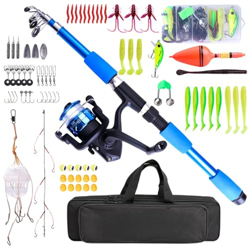 RNPKZ Fishing Rod and Reel Combo Set, 45CM-180CM Telescopic Fishing Rod and Reel Set with Full Tackle Kit & Carry Bag, Kids Fishing Pole, Kids Fishing Rod Starter Set for Youth Fishing and Beginner
