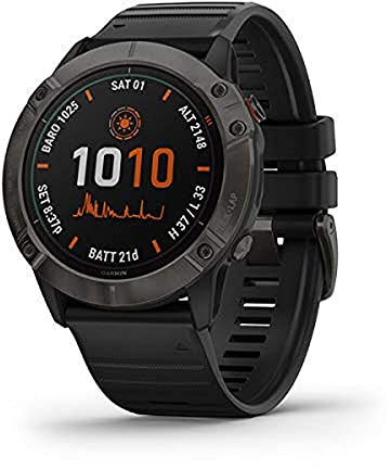 Garmin fenix 6X Pro Solar, orologio GPS multisport di alta qualità con ricarica solare, mappatura, musica, guida del ritmo regolabile e sensori di bue del polso, grigio scuro con cinturino nero