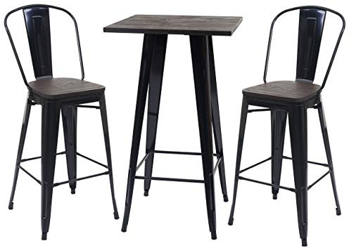 Mendler Set Stehtisch + 2X Barhocker HWC-A73 inkl. Holz-Tischplatte, Barstuhl Bartisch, Metall Industriedesign, FSC® - schwarz