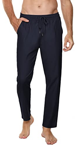 Sykooria Pantalon Homme Lin Pantalon Chino Coupe Droite Homme Pantalon Yoga Slim Fit avec Poches Léger Respirant Pantalon Décontracté-Marine-L