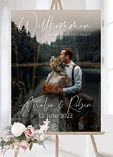 Manschin Laserdesign Willkommensschild Aluverbund personalisiert - selbst gestalten - Made in Germany - Welcome Willkommen Schild für Hochzeit, Geburtstag und alle Anderen Feste (Aluverbund, 80x55cm)