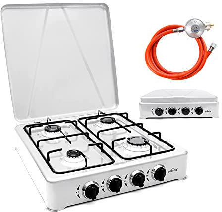 HOMELUX 6,2 KW Gaskocher für Gasflasche,4 flammig Campingkocher mit 150cm Gasschlauch, Kochfeld Kocher mit Deckel Herd Gas Outdoor (Weiß)