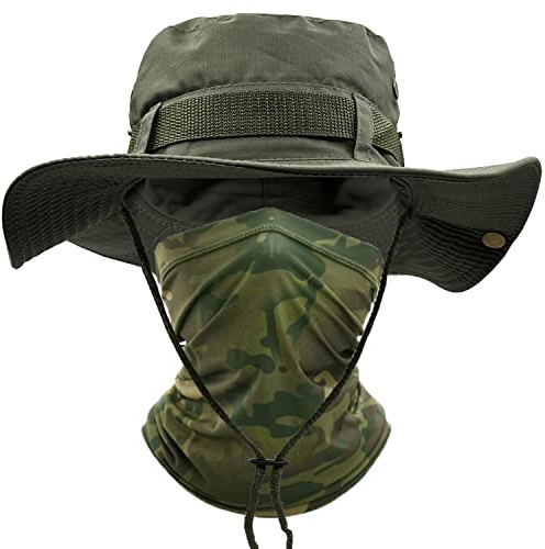 ehsbuy Chapeaux De Pêche pour Hommes Femmes à Large Bord Camo Chapeau Homme Visage Écharpe Camouflage Militaire Armée Chapeau Seau Chapeaux De Soleil Chasse Plage Cap