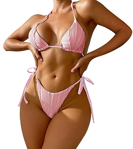 String Brésilien Sexy Maillot de Bain 2 Pièces pour Femme - Bikini Halter Triangle de Plage avec Taille Basse L