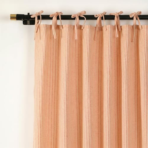 THE ART BOX Gauze Striped Curtains, Boho Linen Gauze Tie Top Hanging Curtains Light Filtering Door Window Treatment 2 Panel Drapes for Living Room Home Décor Orange on Beige (63x42 Each Panel)