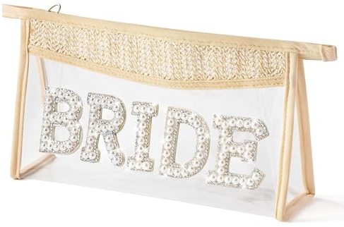 Boho Patch BRIDE Makeup Bag Clear Cosmetic Bag Zipper Travel Toiletry Bag Transparent Waterproof Makeup Bag Cute Makeup Pouch Bridal Bag Christmas Engagement Wedding Gift for Women (BRIDE White Pearl)