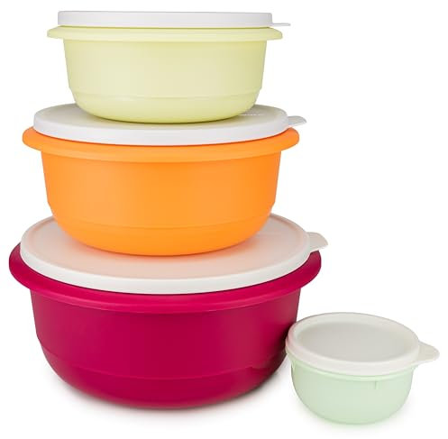 Tupperware Peng Pro Schüssel bordeaux 3,5 L + orange 2,0 L + grün-gelb 1,0 L Rührschüssel Servierschüssel Salatschüssel (inkl. Mini Peng 200 ml)