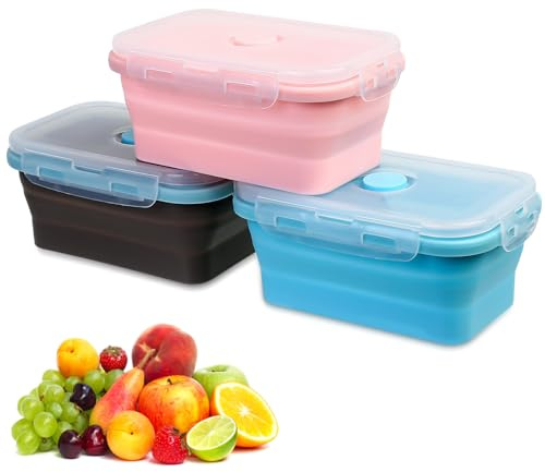 3 Stk Faltbare Frischhaltedosen mit Deckel, Silikon Faltbare Brotdosen Set, Silikon Klappbare Lunchbox Aufbewahrungsbehälte, Mikrowellen/Kühlschrank/Gefrierschrank/Spülmaschinenfest(16x10,2x5,8 cm)