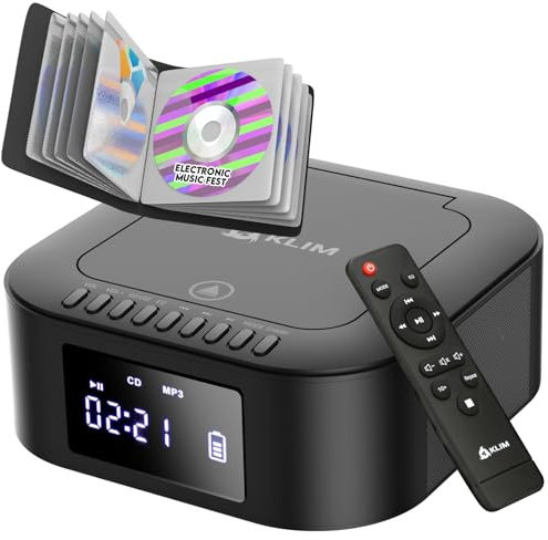 KLIM Boombox E1 - Caja de CD - Reproductor de CD portátil - Bass Boost con Subwoofer - Radio FM y batería Recargable - Bluetooth, MP3, AUX, USB - Radio CD portátil con Mando