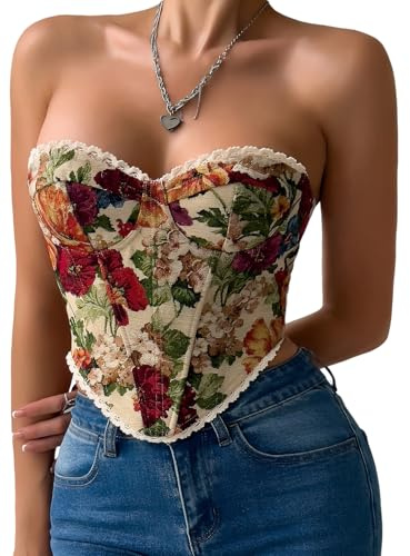 Ausing Donna Top Corsetto Rinascente Allacciatura Busto Vintage Bustier Top Moda Floreale Costume Mieder Top Lingerie, M