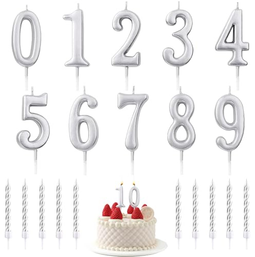 20 Stück Geburtstagskerzen,Nummer 0-9 Geburtstag Zahl Kerzen,10pcs Silber Spirale Kuchen Kerzen mit Halter,für Geburtstag Hochzeit Party Kuchen Dekorationen（Silber）