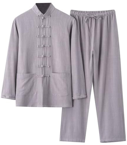 Tang Vestito da Uomo Tuta da Uomo Tang Tradizionale Cinese Arti Marziali Cotone e Lino a Maniche Lunghe Abbigliamento Tradizionale Set Sportiva Casual Completo da Casa Taglie Forti (02-Grey, XXXL)