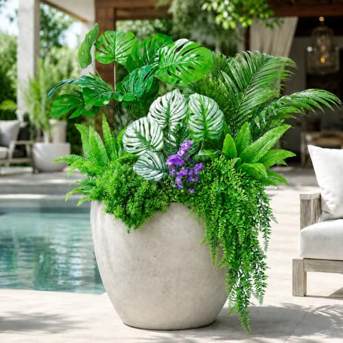 THKFUL Artificial Plants Outdoor Fake Greenery Flowers Plants Hanging Ferns,10Bundles UV Resistant Tall Faux Shrubs Monstera Palm Boston Fern Stems for Outdoor Planters Indoor Window Box Filler