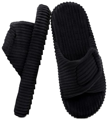 Misolin Zapatillas Casa Mujer Puntera Abierta Memory Foam Pana Pantuflas | Velcro Ajustable Slippers, Suave y Cómodas, Antideslizante, Interior y Exterior