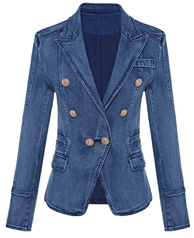 Veste blazer en jean à double boutonnage pour femme, bleu jean, M