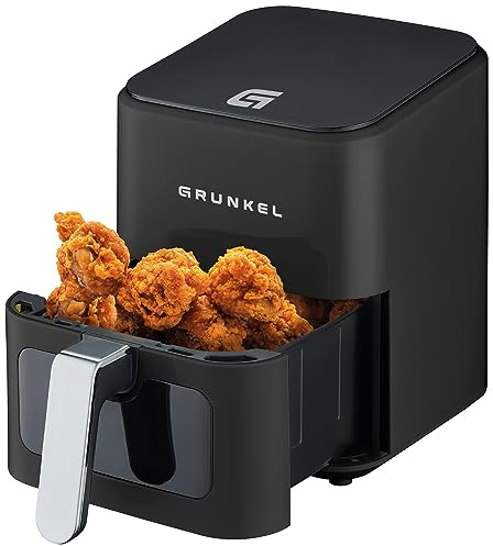 Grunkel - Freidora aire - Air Fryer - 4 Litros y 7 programas. WEF. Panel de control digital Multifunción y ventanal visualización retroiluminada. Temporizador 60 minutos (Negro, 4L)