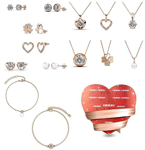 MYC-Paris - Adventskalender Herz 14 Schmuck 18 Karat Roségold und Messing mit österreichischen Kristallen - Geschenk zum Geburtstag, Muttertag, Weihnachten, Kristall, Kristall