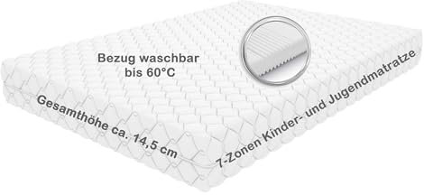 Mountbeaver Teen Plus 7- Zonen Kinder- und Jugendmatratze 90x200 weich, ca. 14,5 cm Gesamthöhe, Bezug waschbar bis 60 Grad, Oeko-TEX® 100