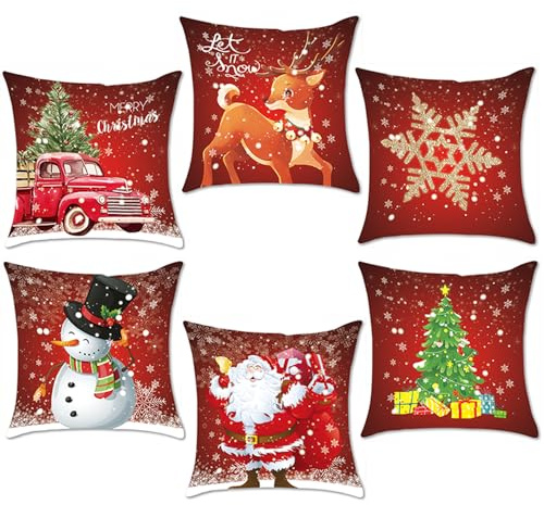 AMLOOPH Christmas Decorations Indoor 6 Set Christmas Cushion Covers 40x40cm | Red Christmas Design Cushion Covers 16 x 16 Inch Soft Plush Sofa Throw Pillow Covers Cases For Xmas Decorations Indoor Decor