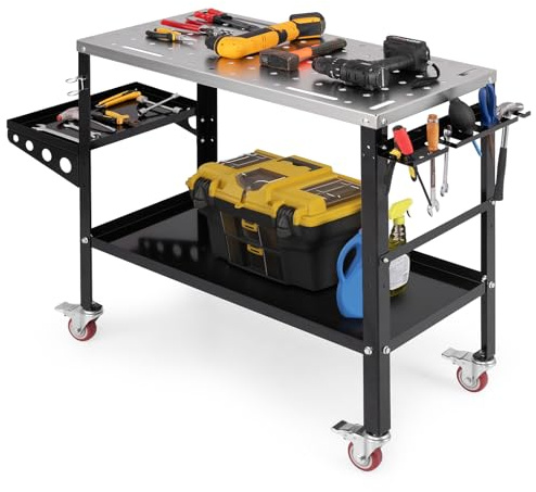 GYMAX Établi d'Atelier pour Travail Bricolage, Robuste en Métal, avec Etagère, Plateau et Support pour Rangement de Outils, Capacité 540 KG, pour Soudage, Réparation, Travail du Bois