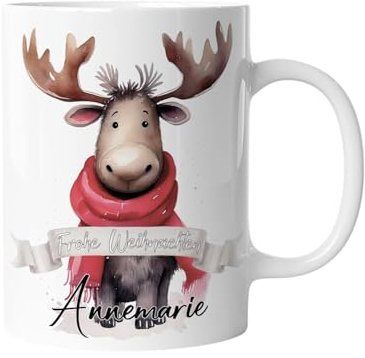Tasse zu Weihnachten | Weihnachtstasse Tiere - Personalisiert mit Namen | Frohe Weihnachten - Kaffeetasse für Jungen und Mädchen - Rentier Elch | mug-txZ-130