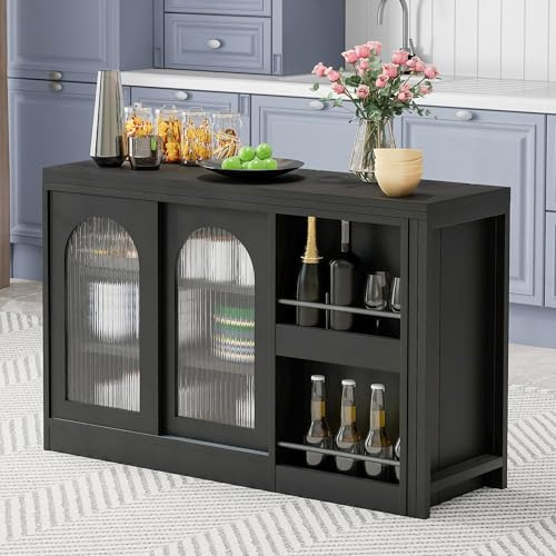 Modernt barbord, utdragbart 360° roterbart bord med förvaringsutrymme, vändbart bord, skänk, bar med glasskåpdörr, kaffebar, möbler (svart)
