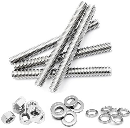 Juego de 10 varillas roscadas, M8 x 100 mm, galvanizadas con 20 discos en U y 20 tuercas hexagonales A2, 20 anillos de resorte para montaje y fabricación industrial