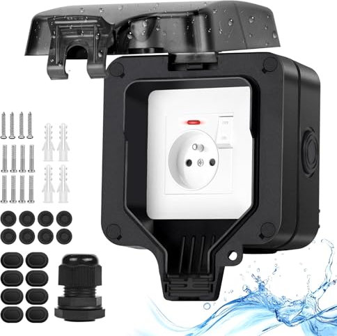 Upgrade Profond Prise extérieure étanche IP66, Prise etanche saillie avec interrupteur lampe, Prise de jardin courant électrique extérieure verrouillable, murale coffret boitier individuelle-noire