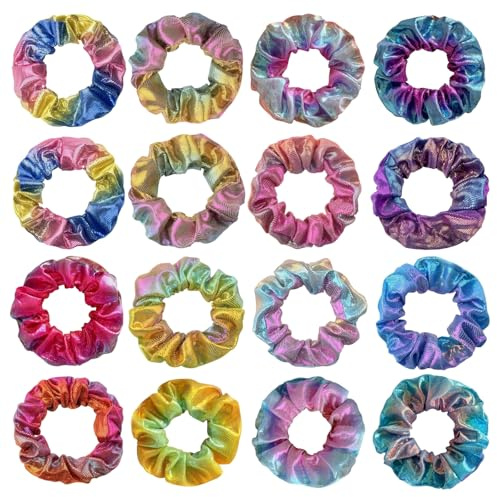 LUFFLOK Glänzende Metallicfarbene Haargummis Scrunchies, 16 Stück Colorfull Haargummis Scrunchies für Damen und Mädchen, Weiche Seile Pferdeschwanzhalter Frauen Haarschmuck (16 Stück)