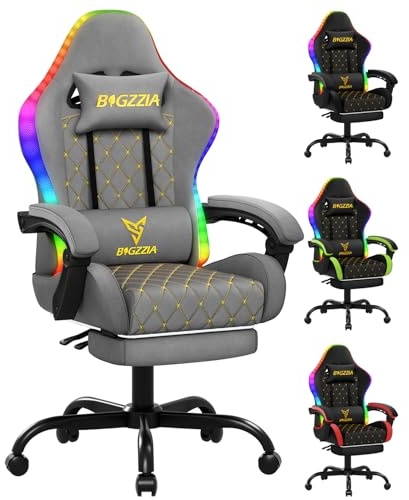 bigzzia Gaming Stuhl mit RGB Led - Ergonomischer Gaming Chair Mit LendenwirbelstüTze Und FußStüTze, Verstellbarer Und Drehbarer Gamer Sessel aus PU-Leder, 150 KG, Grau