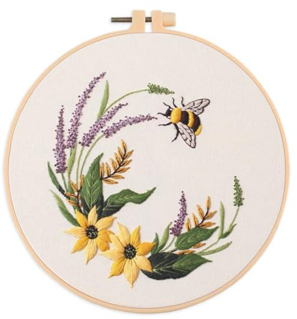 Meecaa Embroidery Kit Starter Set, Bee Flower Animal Hand Embroidery Set, Pattern Printed Cross Stitch Set for Beginner Adults, with Embroidery Hoop and Instructions (Bee 1)