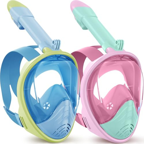Set di maschere subacquee per bambini, maschera integrale con tecnologia anti-appannamento e anti-perdite, sistema respiratorio, visione grandangolare, con supporto per fotocamera e sacchetto a rete