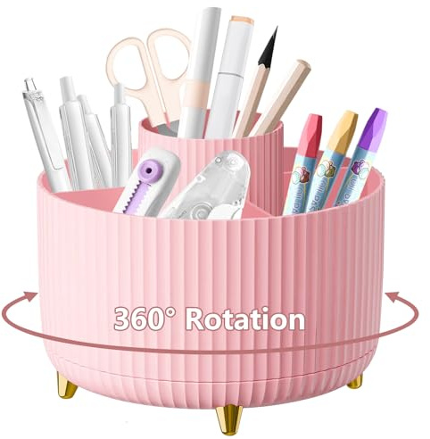 Desk Organiser, 360°Rotating Pen Holder Pen Pot, Makeup Brush Holder with 5 Compartments, Desktop Storage Stationery Supplies Organizer, Pencil Holders for Desk Tidy Home Office School (Pink)