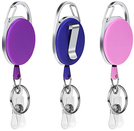 Vicloon 3 piezas Llavero Retráctil,Mosquetón de Carrete de Tarjeta y Clip de Cinturon con Cordón de Nylon Extensible para Soporte de Tarjeta ID, Colorido