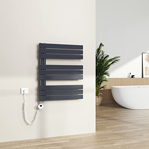 S'AFIELINA Badheizkörper Elektrisch mit Thermostat Anthrazit 762x600mm 400 Watt Handtuchheizkörper Elektrisch mit Heizstab Timer Heizkörper für Bad Paneel Handtuchtrokner Seitenanschluss