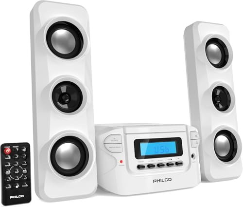 Philco Stereo Shelf Systems Compact CD Shelf System with Digital FM Stereo Radio, Wireless Bluetooth and Remote Control in Black, LCD Display, MP3 & AUX Port Compatible, USB Playback (White)