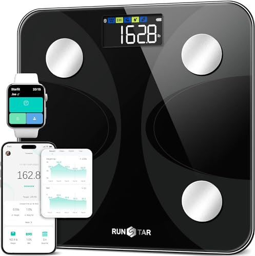 RunSTAR Körperfettwaage, Personenwaage Digitale mit großem Display, Analysator für 13 essentielle Körperwerte, mit App-Synchronisierung